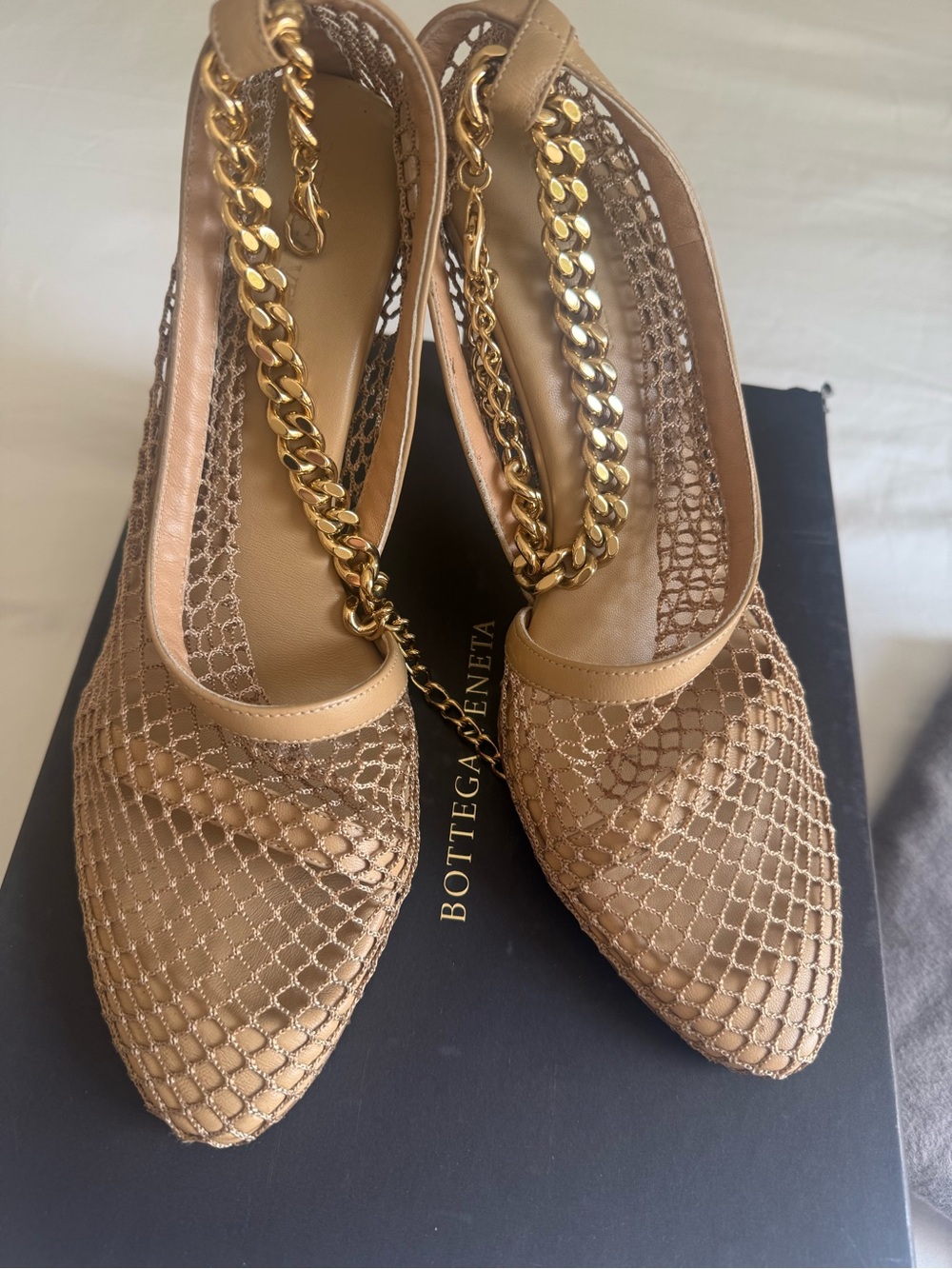 Bottega Veneta Beige Mesh Slingback Pumps with Gold Chain
